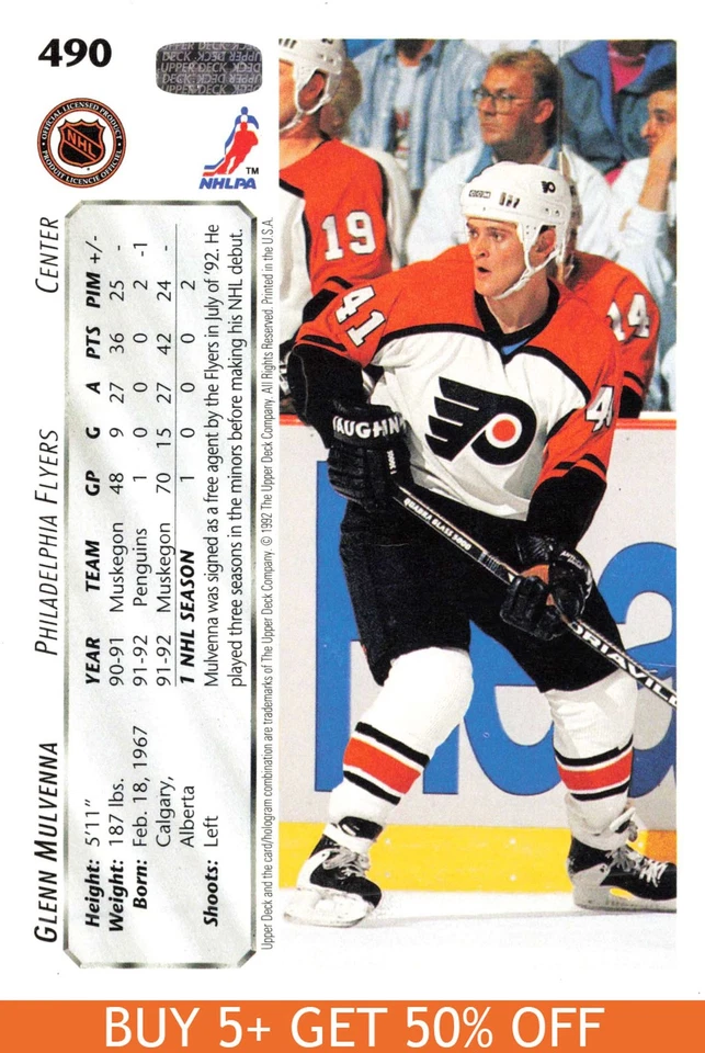 1992-93 Upper Deck #490 Glenn Mulvenna Philadelphia Flyers Hockey - Image 2 of 2