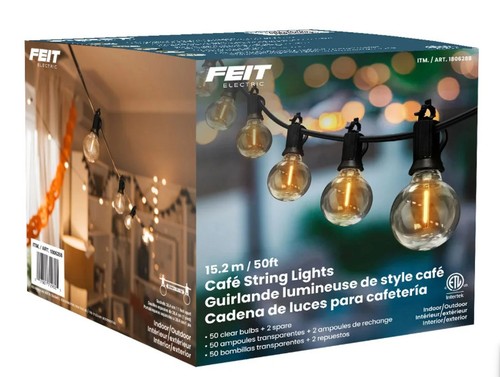 Feit 50" LED Cafe Light String, IP65 Waterproof, Warm White, OEM Box