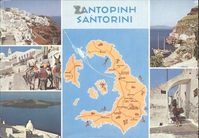 Vintage 1983 Santorini Griechenland Mehransicht Postkarte Karte Esel Thira verschickt
