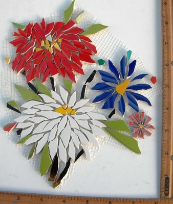 Bouquet Of Colorful Flowers On Mesh Unfinished Mosaic Tile Design 9''x 8''