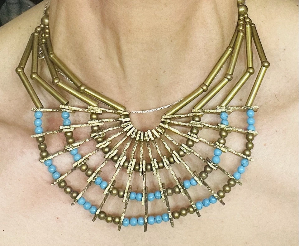 Pam Hiran For Anthropologie Beaded Bib Boho Statement Necklace Teal/Multi Color - Image 2 of 4