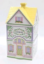 Vintage Lenox Village Cookie Cottage Jar Canister 1991 Yellow Floral Porcelain 