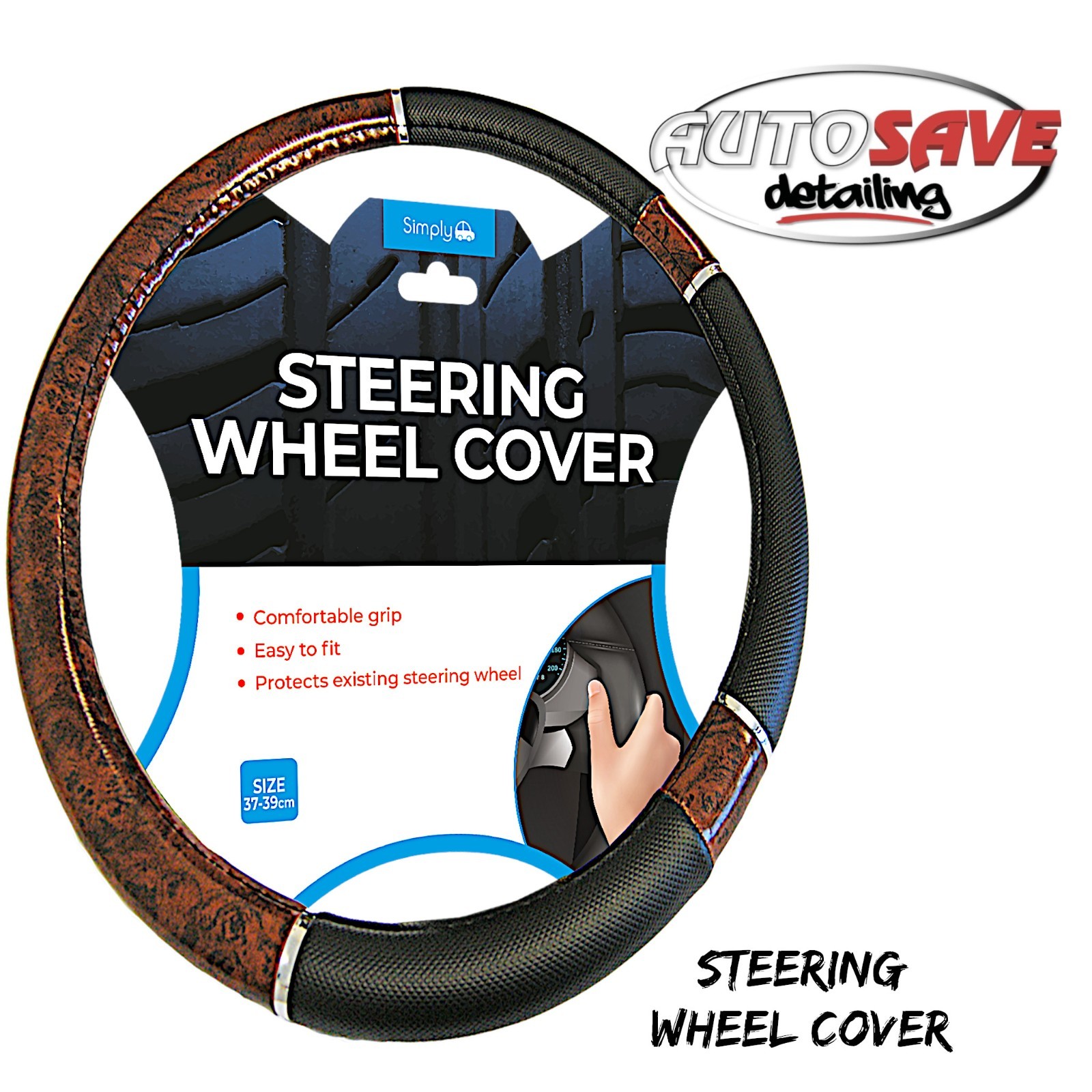 Simply - Universal Luxury Black/Wooden Steering Wheel Cover |Comfortable Grip