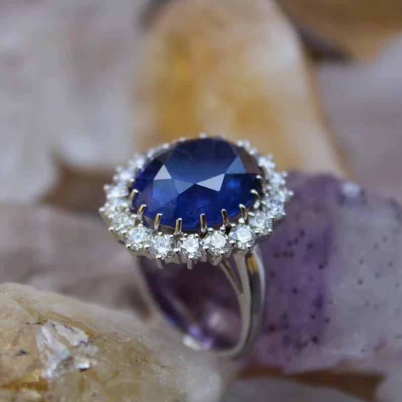 6.10Ct Oval Natural Sapphire &Diamond Solid 14k White Gold Proposal Wedding Ring - Image 2 of 4