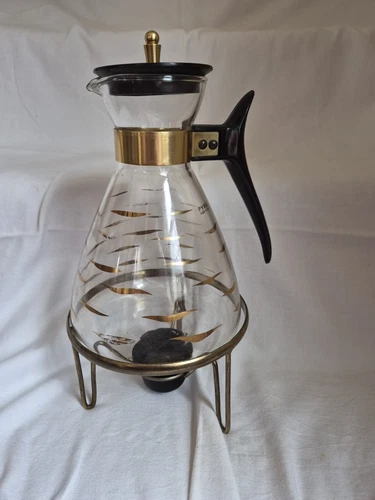 Vintage MCM Pyrex Glass Carafe Coffee Pot and Warming Stand 12 Cups With Box