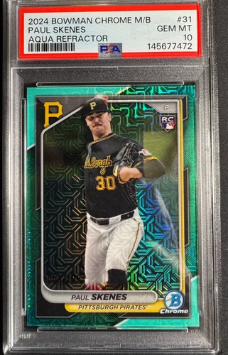 2024 Bowman Chrome - Paul Skenes #31 Aqua Mojo Refractor 003/299 (RC) PSA 10