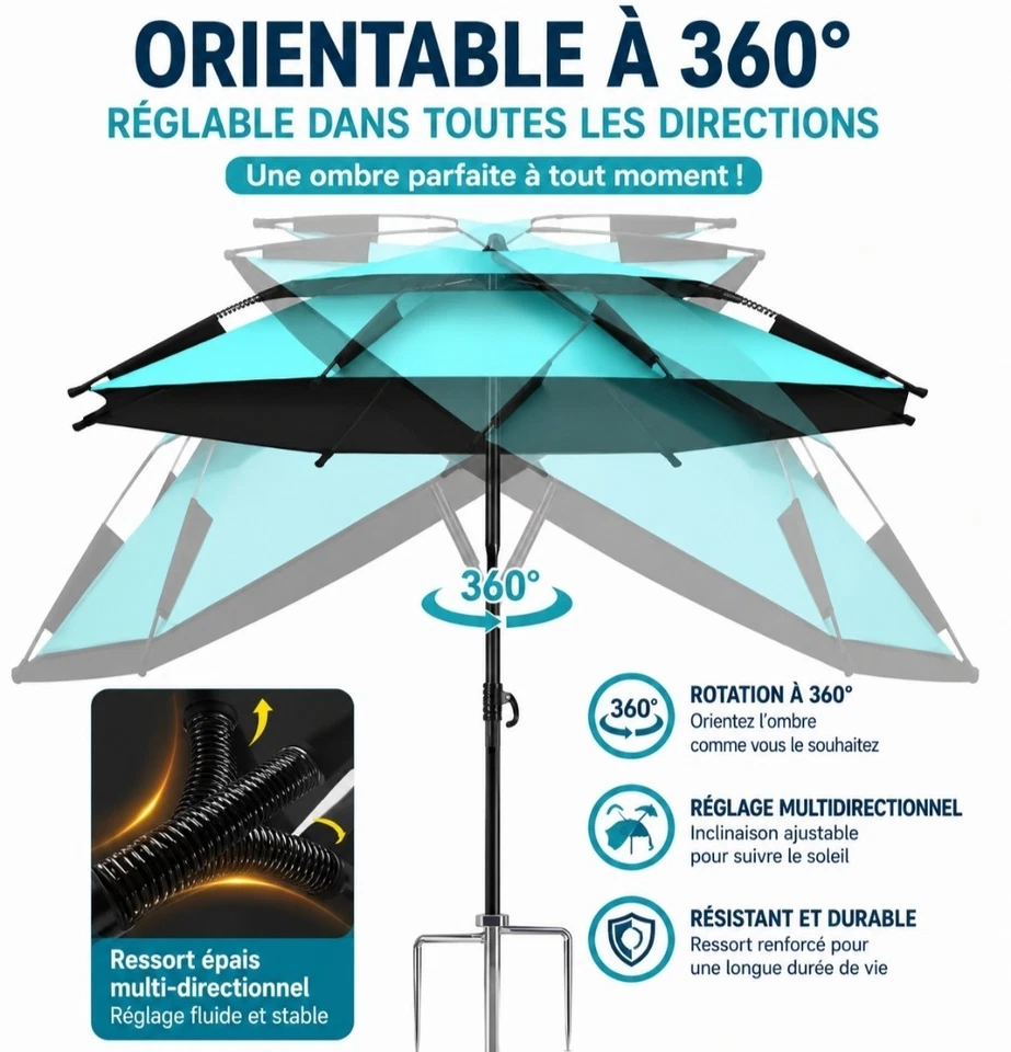 Parasol de Plage Pêche Double Toile 360° Anti-Vent UV 200 cm Réglable Premium - Photo 4/4