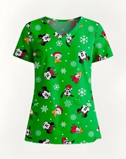 Mickey And Friends Christmas Womens Size 3XL V Neck Print Scrub Top
