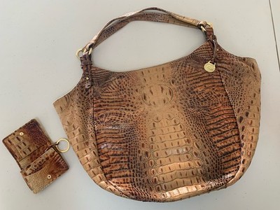 $295  Brahmin JACQUELINE Hobo Croc Embossed ALMOND Leather Handbag + Wallet Set