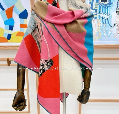 #ad Sallys 70% Cashmere 30% Silk Wrap Scarf Horse Print 2 Face Shawl 53quot; Hot Pink $63.99