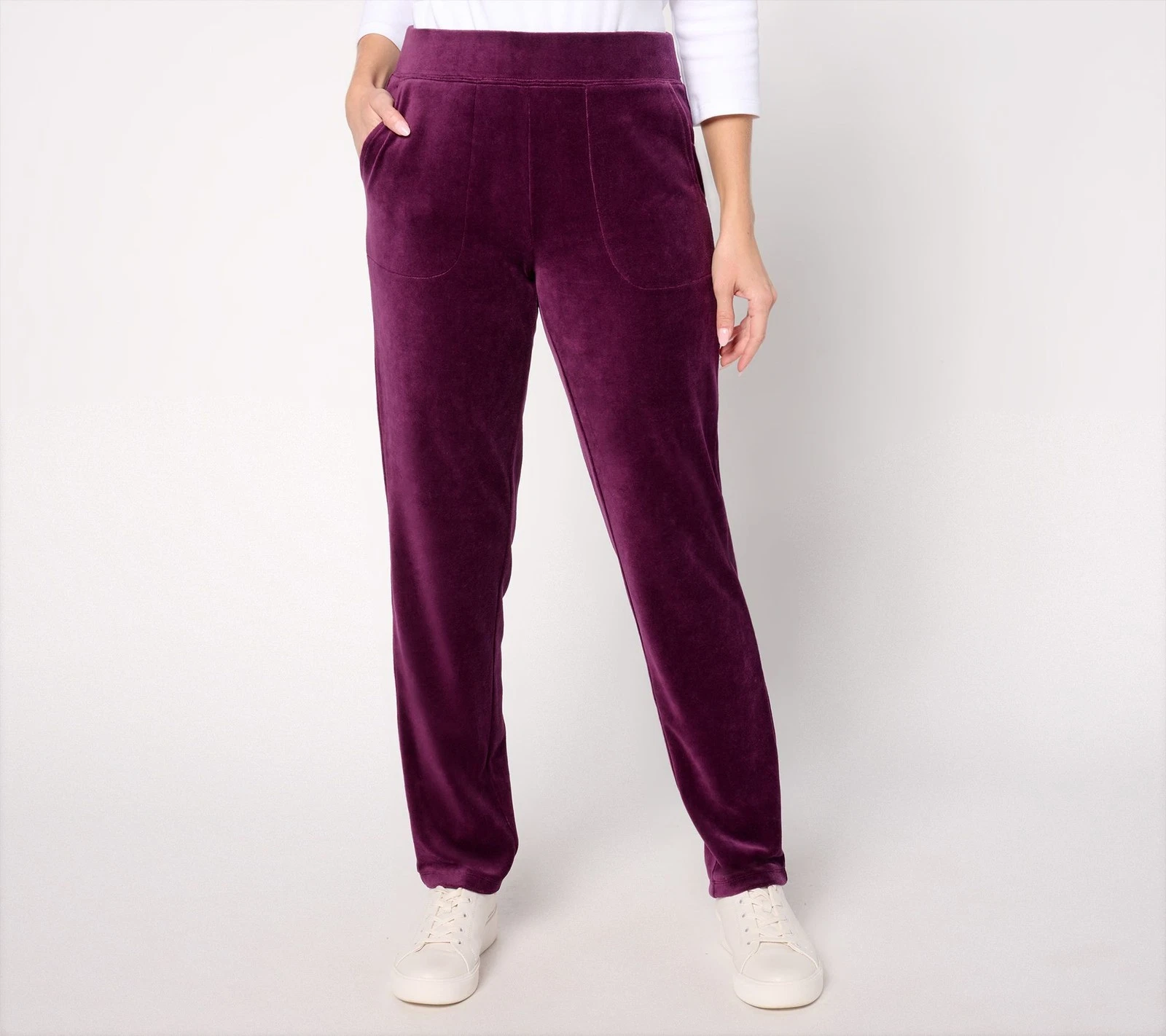 Denim & Co. Women's Petite Pants PM Active Velour Strght Leg Pant Purple A673405