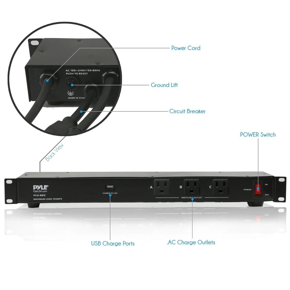 Pyle Rack Mount Power Conditioner Strip – 19 Outlets – USB Charge Port – 240V - Image 3 of 4