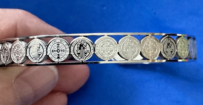 Saint Bracelet Cuff ST BENEDICT Protection Medal Stainless Steel SilverTone 1/4 