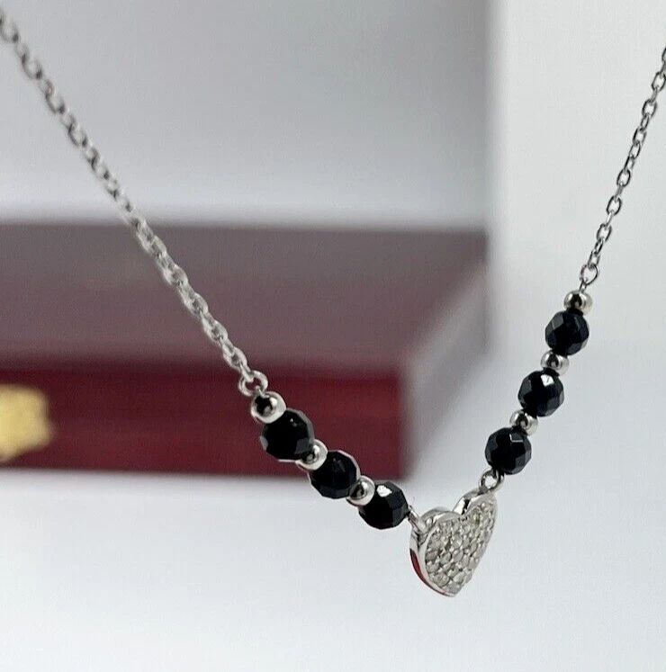 Collana femminile cuore puntiluce brillanti e perline nere briolè in argento 925 - Immagine 2 di 4