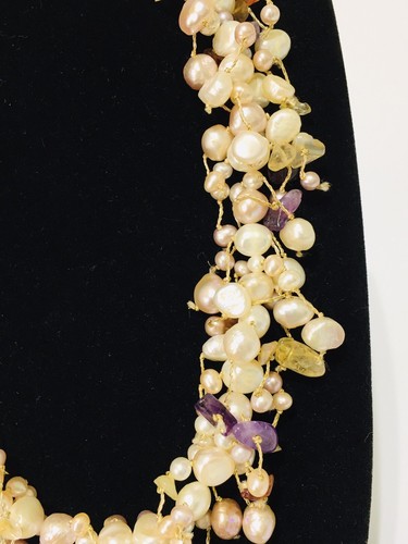 Vintage 925 Sterling Silver Chunky Necklace Pearls Amethyst Amber Chips Jewelry - Picture 5 of 12