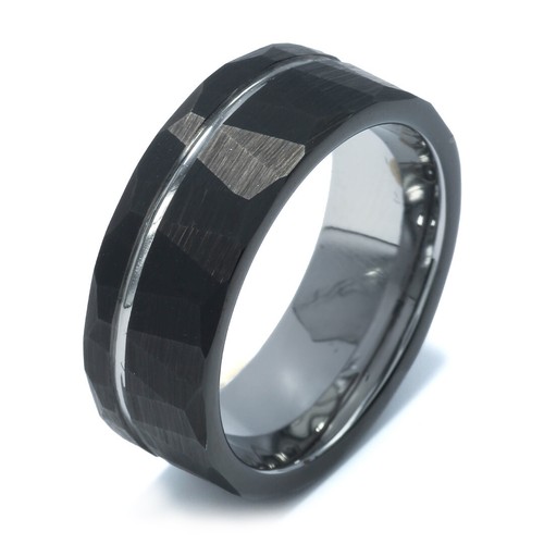 Black Mens Wedding Band Tungsten 8mm Hammered Ring Men's Silver Strip Ring - Picture 3 of 9