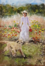 YARY DLUHOS Woman Wildflowers Meadow Garden Landscape Original Art Oil Painting
