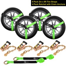 4 Pack Tire Straps Car Trailers Hauler Ratchet Tie Down Straps w/ Chain Anchors