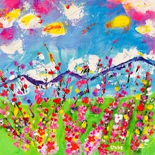 Original Painting Impressionism Landscape Flowers Mountains Sky 12" x 12" Dube