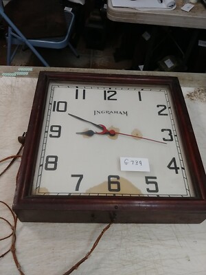 ANTIQUE INGRAHAM ELECTRIC SQUARE WOODEN INDUSTRIAL WALL CLOCK
