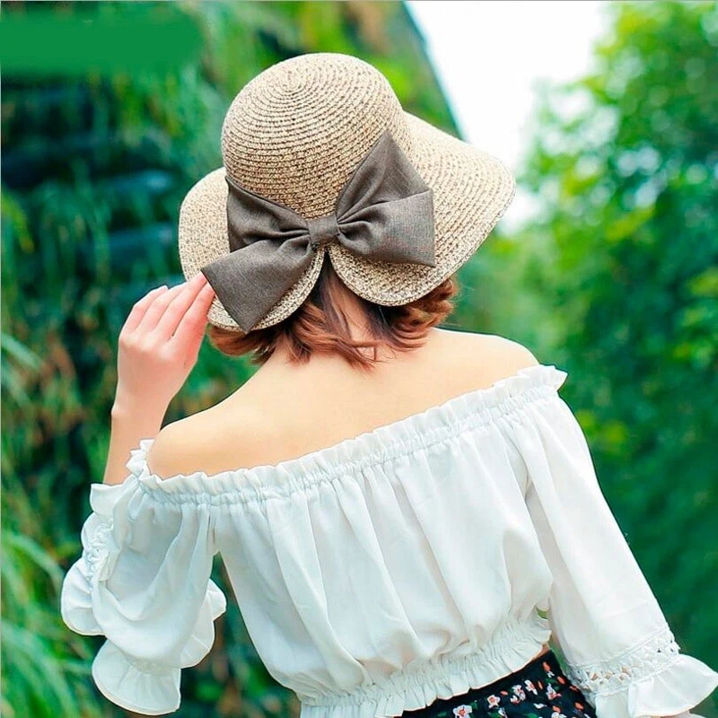 Women's Lady Summer Hat Sun Protection Straw Hats Beach Big Bow Wide Brim  Cap