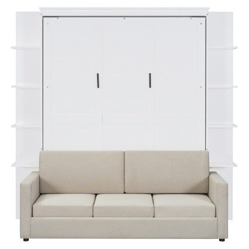 Queen Size Murphy Bed Wall Bed with Sofa Shelves and LED Lights Wood Hidden Beds - Picture 19 of 44