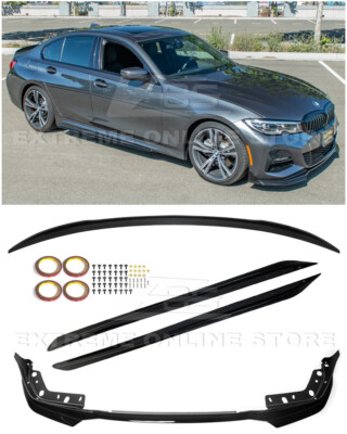 For 19-Up BMW 3-Series M-Sport GLOSSY BLACK Front Lip Side Skirts & Rear Spoiler