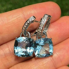 4Ct Cushion Cut Blue Topaz Diamond Drop & Dangle Earrings 14K White Gold Finish.