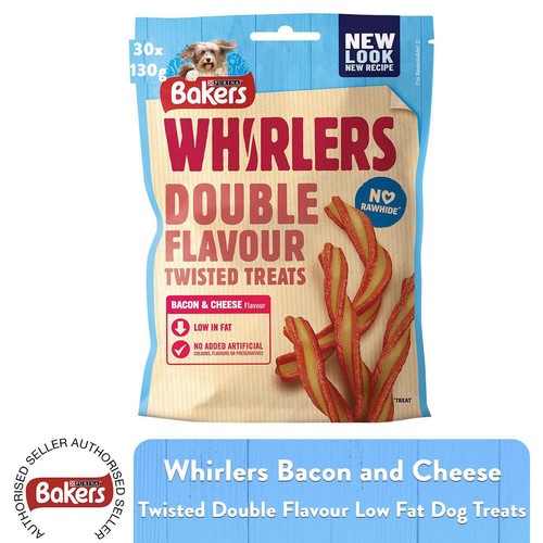 30 x 130g Bakers Whirlers Smakołyki dla psów Niskotłuszczowy boczek i ser Podwójny smak - Zdjęcie 1 z 6