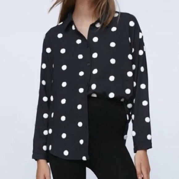 Zara Textured Polka Dot Pom Pom Button Down Blouse White/Black SZ XS