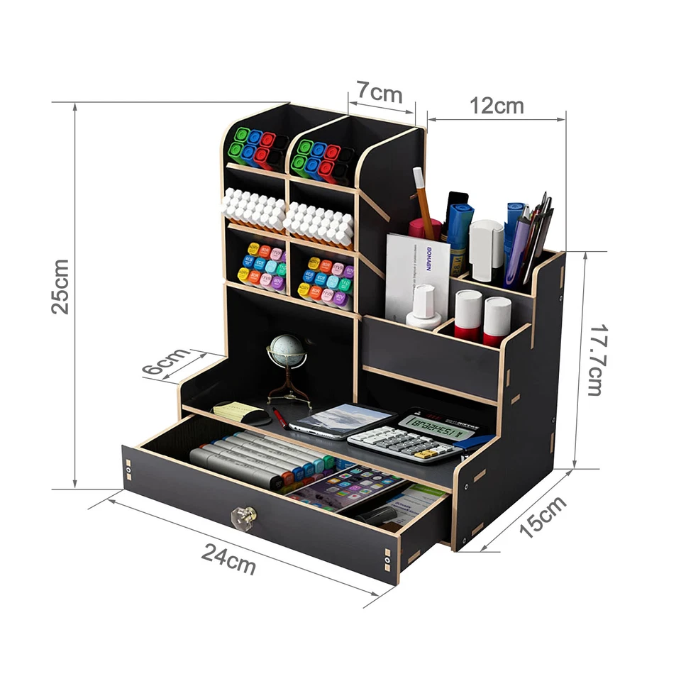 Office Study Desk Organizer Table Box Tidy Case Wooden Pen Pencil Storage Holder - Image 2 of 4