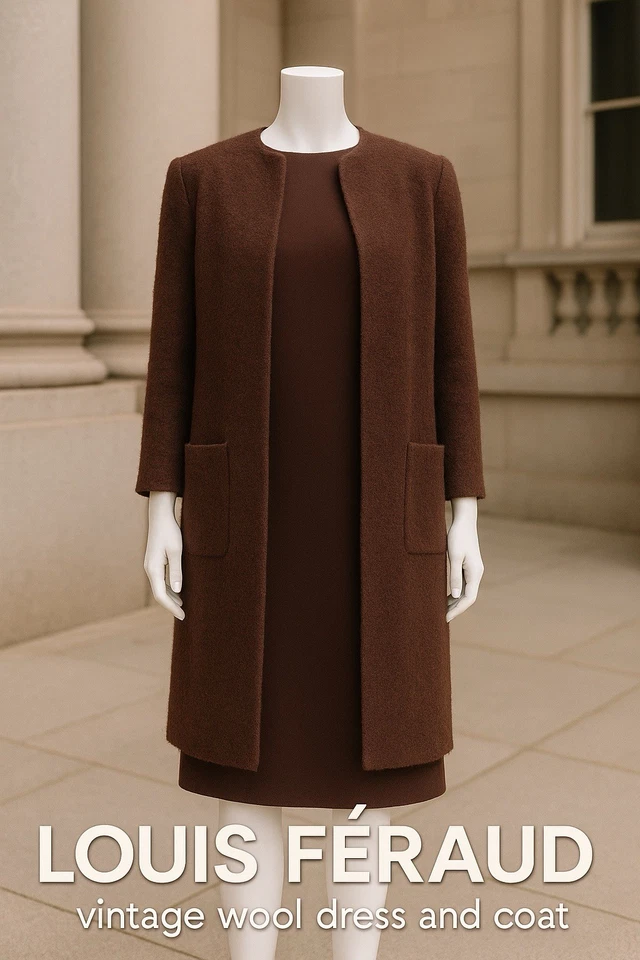 Louis Féraud 复古 60 年代 Mod 棕色羊毛连衣裙和外套套装 US 6 Jackie O 风格 — 第 2/4 张图片