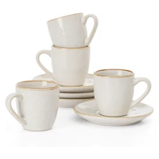 famiware Ocean Espresso Cups with Saucers Set of 4, 3.34oz, White, FAST SHIP