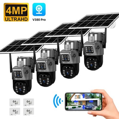 4 PACK WIFI Solar Battery 4MP Wireless PTZ Security Camera Outdoor PIR Detection
