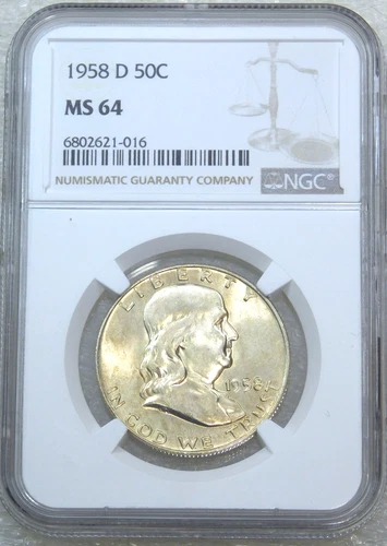 1958-D Franklin Half Dollar NGC MS64 95% FBL Frosty Luster New Holder #B230D