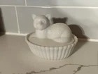 Vintage  Milk Glass Cat On Nest/Basket Candy Or Trinket Dish