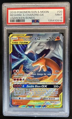 2023 Pokemon SM Unbroken Bonds Reshiram Charizard Tag Team Holo #20/214 PSA 9