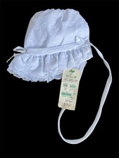 Vintage USA Made Cotton  Lace Baby Bonnet, Embroidered Eyelet, Button Back 0-6m