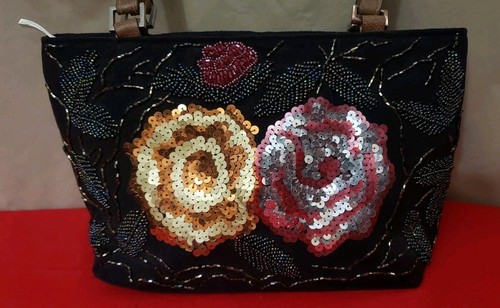 Brand New Sequins Roses Beaded Details Woman's Purse w/ Interior Zipper Pocket - Picture 2 of 12