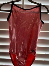 GK Elite GYMNASTICS dance LEOTARD child large Coral with navy BLUE trim SHINY