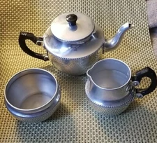 Sona Ware Aluminum Tea Pot Kettle Sugar Creamer England Bakelite Handles