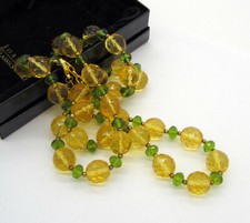 Estate Vintage Signed Joan River Faceted Czech Glass Green Pink Bead Necklace