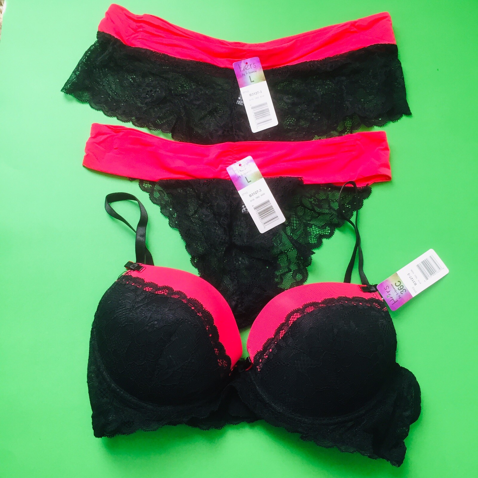 Hers by Herman Bra & Panty 3 Piece Set Red / Black 36C Panties Sz L NWT