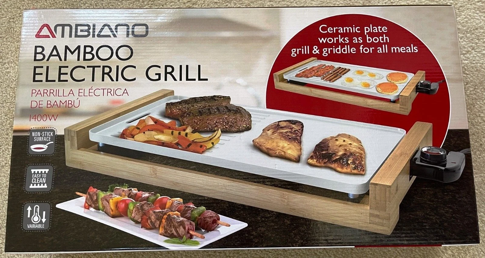 Ambiano Bamboo Electric Grill Non Stick Ceramic Grill Plate 1400W New in Box