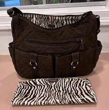 Vera Bradley Brown Quilted Diaper Bag Zebra Lining Pockets Zipper Changing Pad