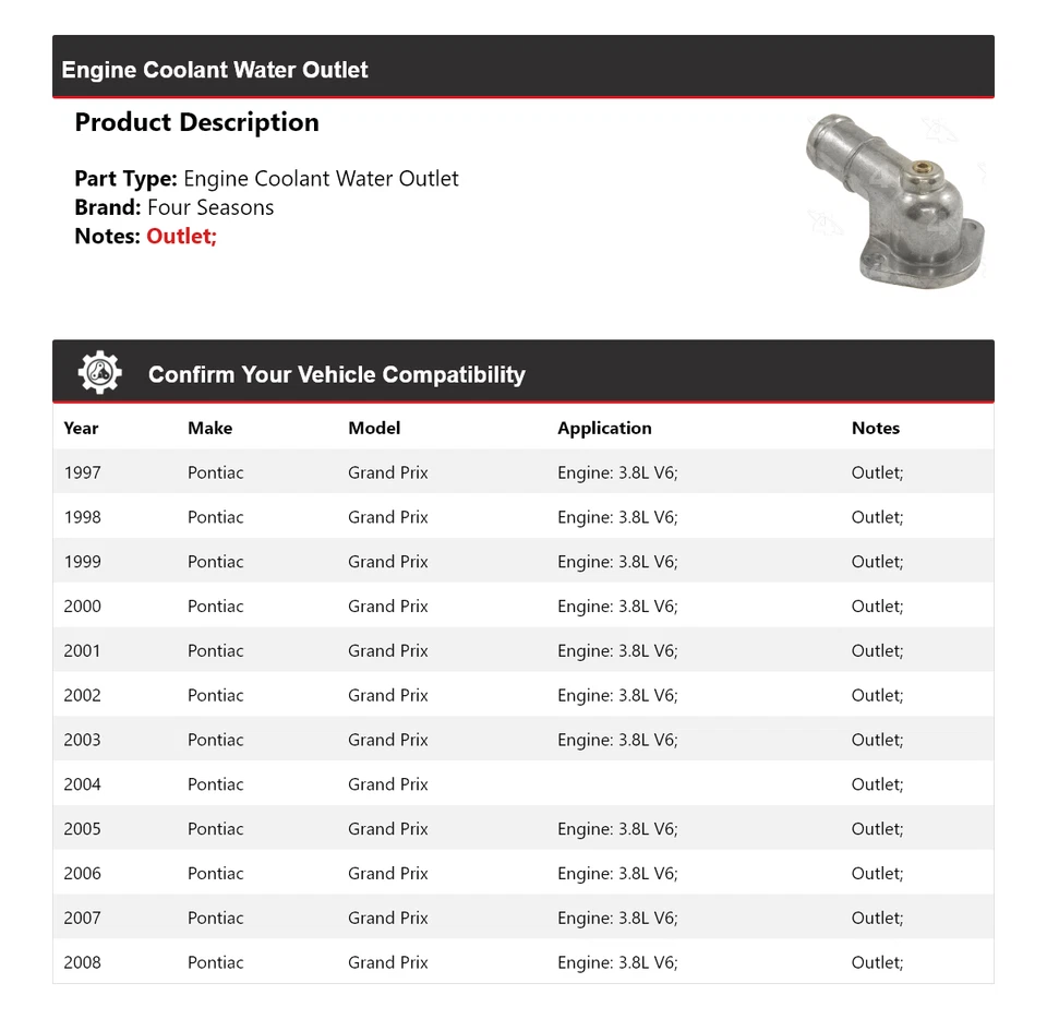 Выпуск охлаждающей жидкости для двигателя Pontiac Grand Prix 1997-2008 годов выпуска 4 сезона 1998 1999 - Изображение 2 из 4