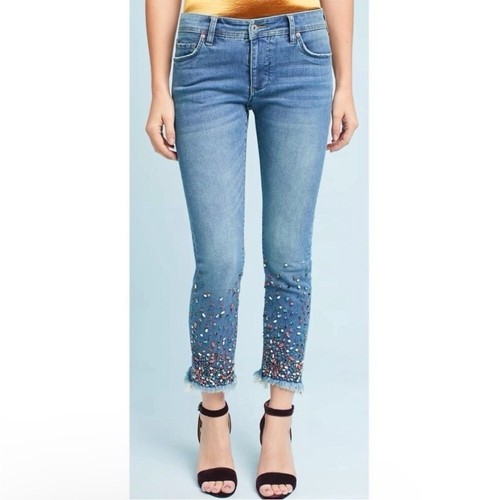 NWT $158 24P Anthropologie Petite Mid Rise Crop Slim Straight Beaded Crop Jeans - Picture 7 of 11