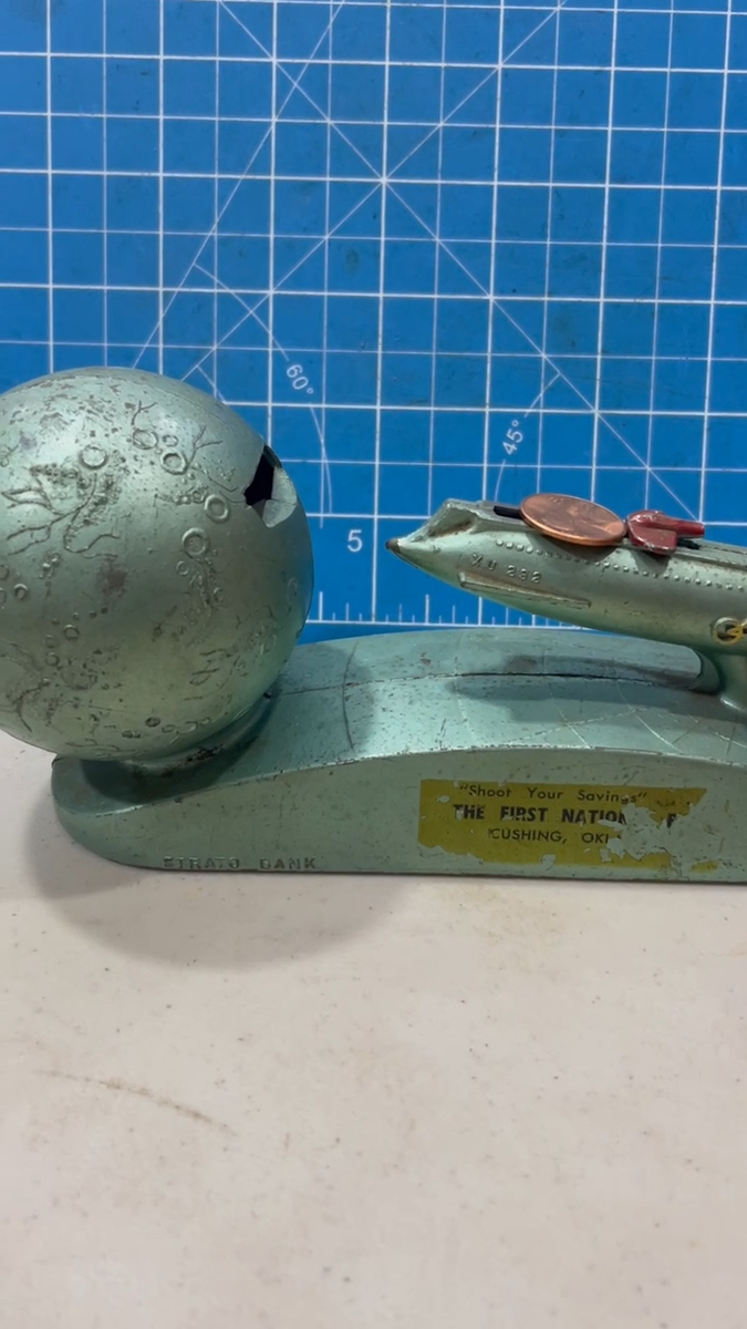 Space Age ~ SHOOT THE MOON ~ Strato Mechanical Rocket Coin Bank no