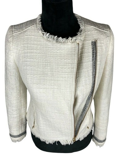 J Crew Womens Zip Tweed Fringes Cropped Jacket Blazer Bone White Size Zero - Picture 3 of 8