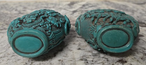 Antique Pair of Large (5"+) Handcarved Turquoise Resin Chinese Snuff Bottles - Picture 8 of 9
